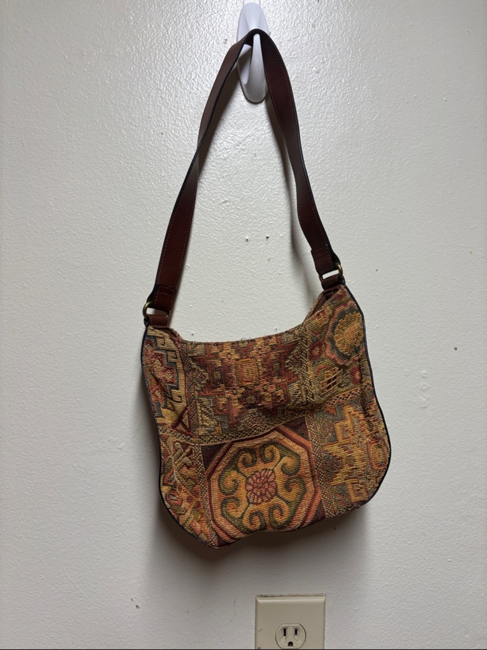 VTG y2k Fossil tapestry hobo shoulder bag brown leather strap boho - Picture 2 of 10
